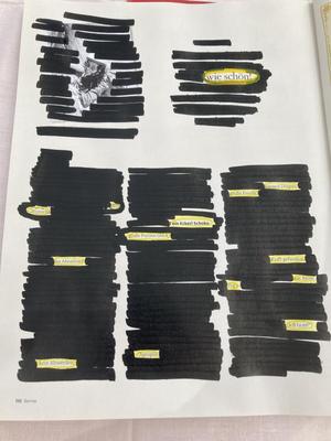 Eine Seite einer Zeitschrift. Einzelne Worte gelb umrandet, alle anderen Zeilen geschwärzt.