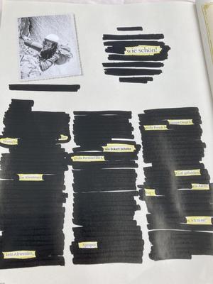Eine Seite einer Zeitschrift. Worte gelb umrandet, Zeilen geschwärzt.
